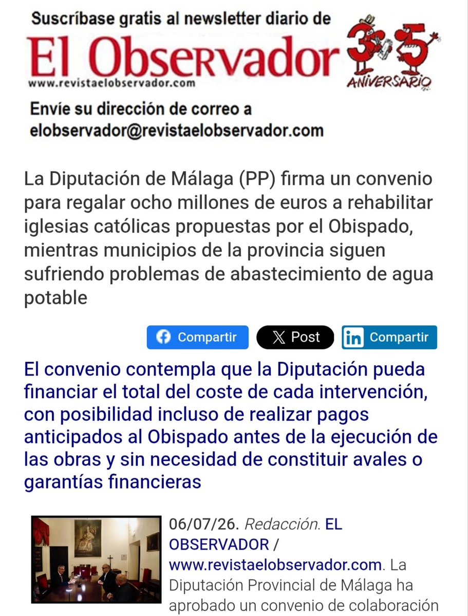 _ElObservador_'s tweet photo. #OJO
La #DiputaciónMálagaPP @DiputacionMLG de @FrancisSalado firma un convenio para regalar ocho millones de euros para rehabilitar iglesias católicas propuestas por el #Obispado, mientras municipios de la provincia siguen sufriendo problemas de abastecimiento de agua potable.
. https://t.co/vNPSrh4dQs