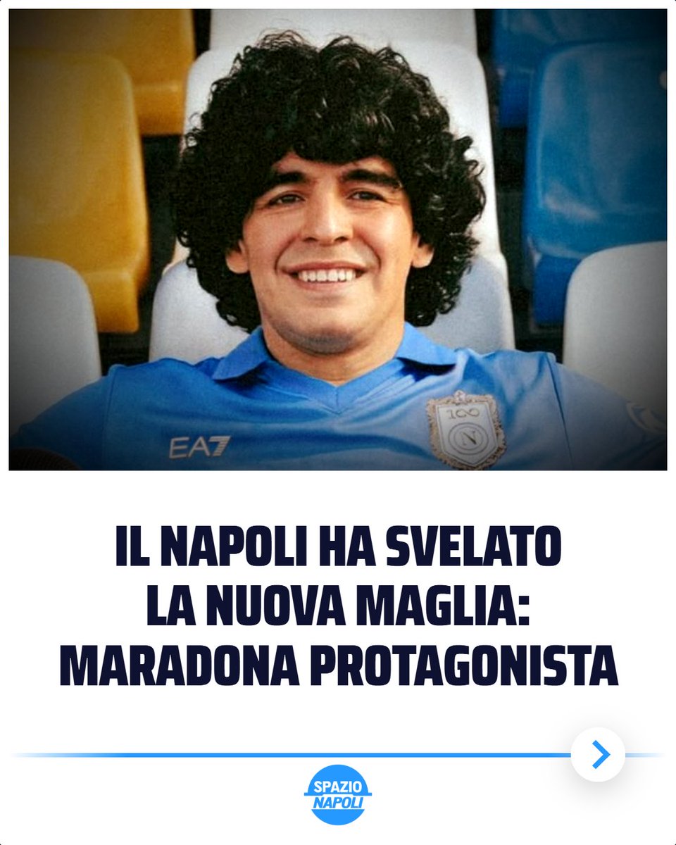 Spazio_Napoli's tweet photo. Con un post pubblicato a sorpresa sui canali social, il Napoli ha già svelato la prima maglia della stagione del Centenario ⚪🔵

Protagonista dello "shooting" è Diego Armando Maradona, seduto con la nuova maglia sui sediolini dello stadio a lui intitolato 🏟️

La maglia presenta un logo nuovo con il numero 100 e ricorda proprio le maglie azzurre degli anni '80, nel periodo in cui giocava Diego all'ombra del Vesuvio 💯

#SSCNapoli