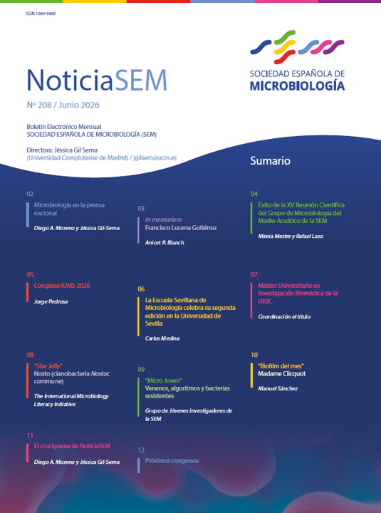 SEMicrobiologia's tweet photo. El NoticiaSEM Nº208 ya está disponible. Este es su contenido:
- Obituario de Francisco Lucena Gutiérrez.
- Resumen de la Reunión del Grupo de Microbiología del Medio Acuático
- Escuela Sevillana de Microbiología
- Congreso IUMS 2026
- Ofertas de máster en la URJC https://t.co/5Bafdk51Ql