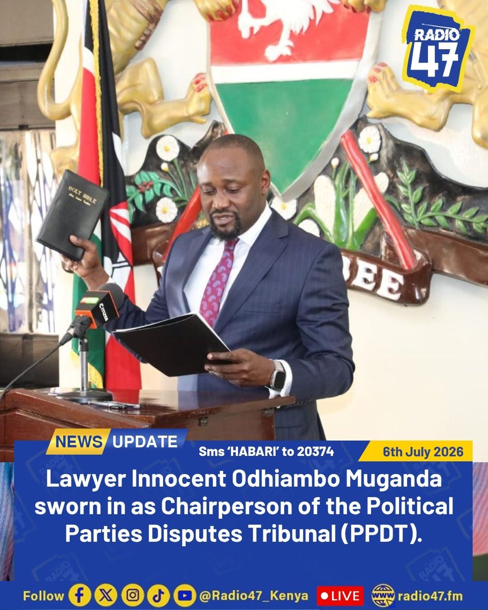 Radio47_Kenya's tweet photo. Lawyer Innocent Muganda sworn in as new Chairperson of the Political Parties Disputes Tribunal.
#HapaNdipo #HabariZaRadio47 https://t.co/gTwFXNZDjb