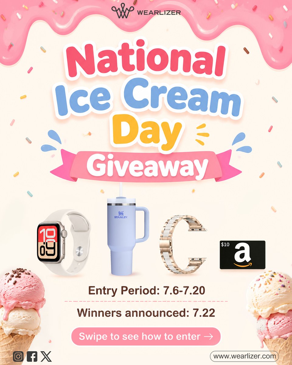 Wearlizer's tweet photo. 🍨 National Ice Cream Day Giveaway 🍨
🙋‍♀️ How to Enter:
1. Follow @Wearlizer🍦
2. Like &amp; share this post 💖
3. Comment "Ice Cream Day" below 🌈
🍀Good luck!
#wearlizer #Giveaway #AppleWatch #GiveawayAlert #ContestGiveaway #LifestyleGiveaway #InstaGiveaway #GiveawayTime https://t.co/cy2o5RqOLm