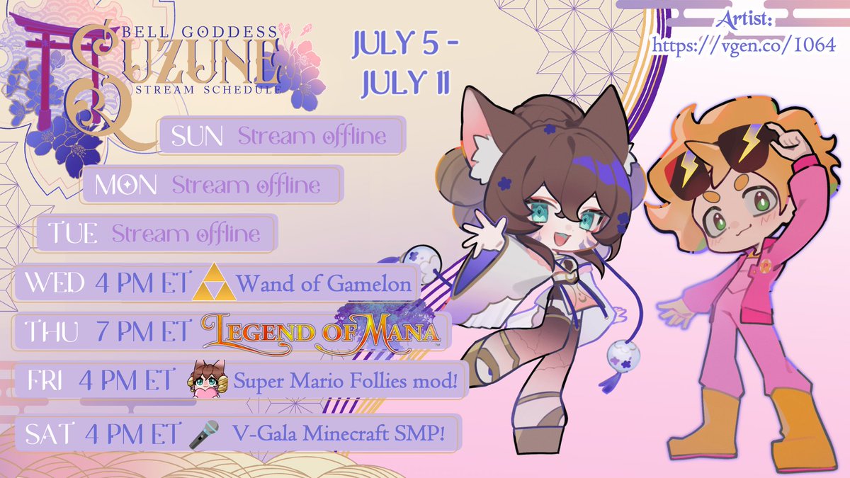 SuzuneVT's tweet photo. EXCITING WEEK!! GET HYPE!!!

Schedule for 7/5 - 7/11:
Wed, 4 PM ET: Wand of Gamelon with @PantequilloCD
Thu, 7 PM ET: Legend of Mana with my head mod!
Fri, 4 PM ET: Super Mario modded with @PantequilloCD !
Sat, 4 PM ET: V-Gala Minecraft SMP!

Art by https://t.co/aGXsvPskc2 https://t.co/UDf9NJJQ89