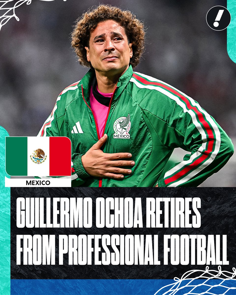 YahooSports's tweet photo. Guillermo Ochoa officially retires from professional football after Mexico's elimination from the 2026 World Cup.

🇲🇽 154 national team matches
🇲🇽 6x World Cup participations
🇲🇽 2020 Olympic Bronze Medal
🇲🇽 6x CONCACAF Gold Cup winner
🇲🇽 1x CONCACAF Nations League winner
🇲🇽 1x CONCACAF Champions Cup winner
🇲🇽 1x Mexican league champion
🇲🇽 1x Belgian league champion