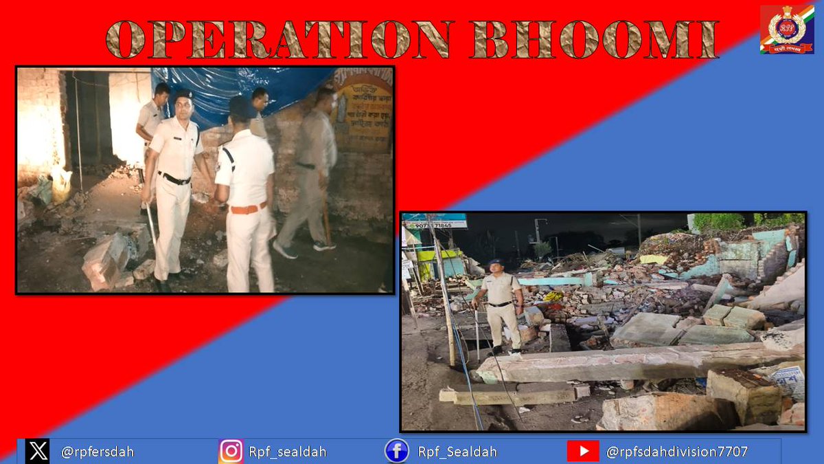rpfersdah's tweet photo. On 05.07.2026, RPF officials evicted 226 unauthorized hard and soft structures at Thakurnagar Railway Station and its premises, cleared an area of 32,000 sq ft, and handed over the vacated land to the concerned railway department.
 #OparationBhoomi
@RPF_INDIA 
@ErRpf 
@rpfersdah https://t.co/xgpF2omInQ