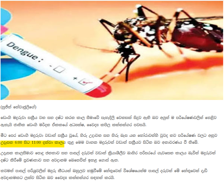 rangaba's tweet photo. It is now official: dengue-carrying mosquitoes clock off at 11 a.m., according to the National Anti-Dengue Programme, prompting speculation that Aedes mosquitoes may have been Sri Lankan public servants in a previous life. I think that is unfair. Some work overtime. https://t.co/MZ8UqEtLiF
