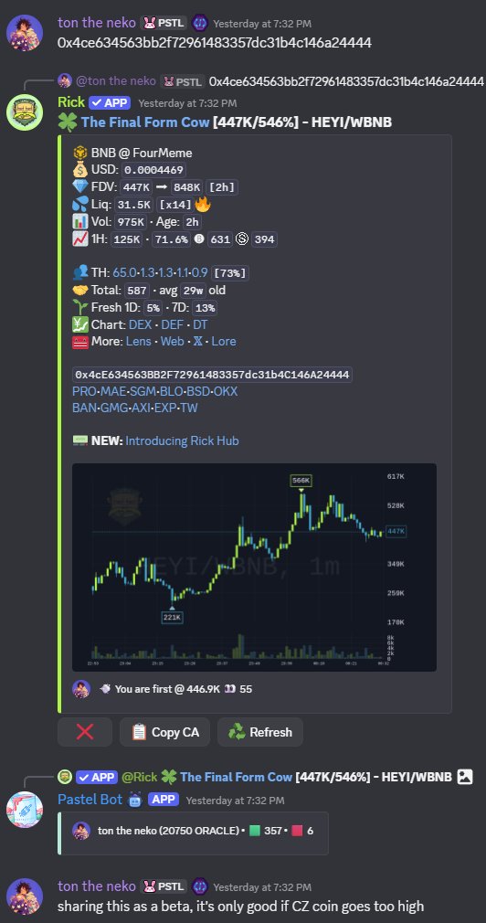 PastelAlpha's tweet photo. We're locked in on BNB as well 😬

$CZ 1.4M > 88M (63x)
$HEYI 447K > 7.6M (17x)

$100 at the initial scans would’ve turned into $8,000

Want a free trial? Engage with this post.  
Want to join Pastel now? Sign up below 👇 https://t.co/7gZDPK0xGT