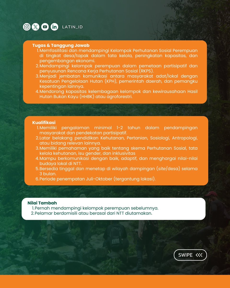 LATIN_ID's tweet photo. [FLORES MEMANGGIL !!]  
LATIN sedang mencari Community Organizer buat dampingi Kelompok Perhutanan Sosial Perempuan di 6 lokasi.  
Daftar: 2 - 8 Juli 2026 
Apply di: https://t.co/rB4WXfN33K 
Tag temenmu yang cocok &amp; share postingan ini!    #LokerNTT #PerhutananSosial #CO #LATIN https://t.co/DVXVcV9xKZ