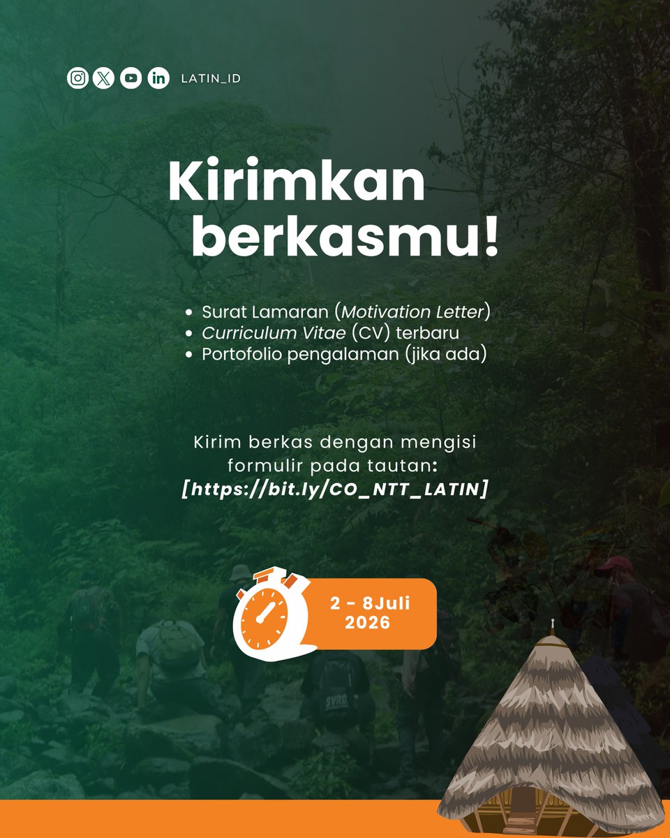 LATIN_ID's tweet photo. [FLORES MEMANGGIL !!]  
LATIN sedang mencari Community Organizer buat dampingi Kelompok Perhutanan Sosial Perempuan di 6 lokasi.  
Daftar: 2 - 8 Juli 2026 
Apply di: https://t.co/rB4WXfN33K 
Tag temenmu yang cocok &amp; share postingan ini!    #LokerNTT #PerhutananSosial #CO #LATIN https://t.co/DVXVcV9xKZ