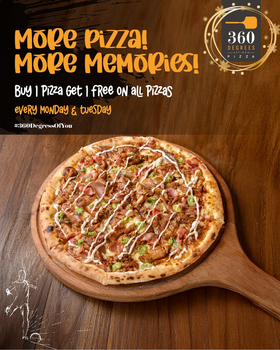 360DegreesRW's tweet photo. Share the joy this July with our Buy One Get One Free Pizza Offer on all our pizzas. Perfect for family dinners, catch-ups with friends or simply treating yourself to more of what you love. Enjoy this deal every Monday and Tuesday.#360DegreesOfYou https://t.co/lWpcrT9vNZ
