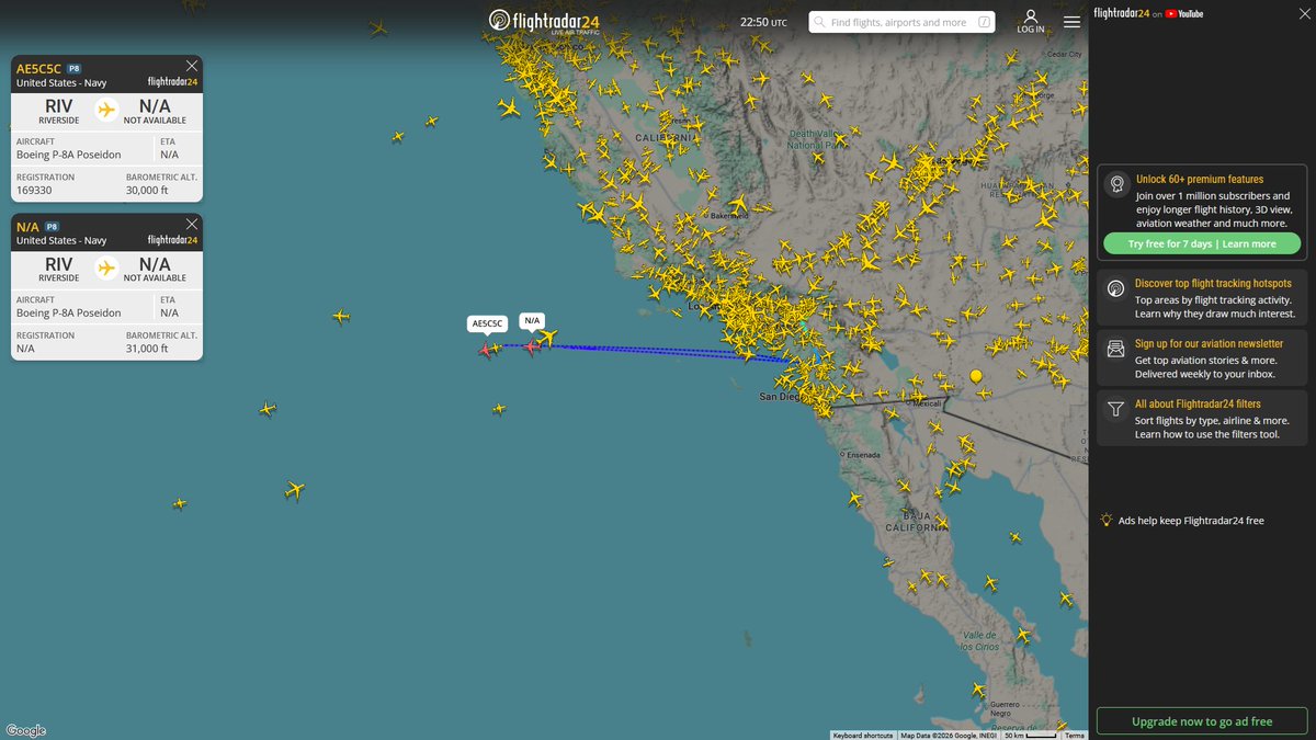 AIYeyENGDdJkjTr's tweet photo. July 6, 2026
#Riverside March Air Reserve Base ==> #Joint Base Pearl Harbor-Hickam, Honolulu
#NoCALLSIGN #AE5C5C USN P-8A Poseidon
#NoCALLSIGN #AE67C2 USN P-8A Poseidon https://t.co/GgGtIs395W
