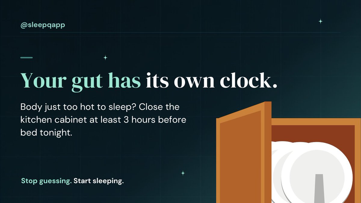 sleepqapp's tweet photo. Eating a "light snack" at 8:30 PM is why you are staring at the ceiling at 11:00 PM. Blame blue light all you want, but your kitchen habits are sabotaging your circadian rhythm. Here is the exact biological tax you're paying on that late-night Sunday raid 👇 https://t.co/nkTcEZy8WS