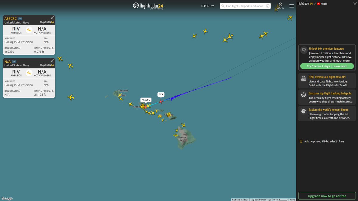 AIYeyENGDdJkjTr's tweet photo. July 6, 2026
#Riverside March Air Reserve Base ==> #Joint Base Pearl Harbor-Hickam, Honolulu
#NoCALLSIGN #AE5C5C USN P-8A Poseidon
#NoCALLSIGN #AE67C2 USN P-8A Poseidon https://t.co/GgGtIs395W