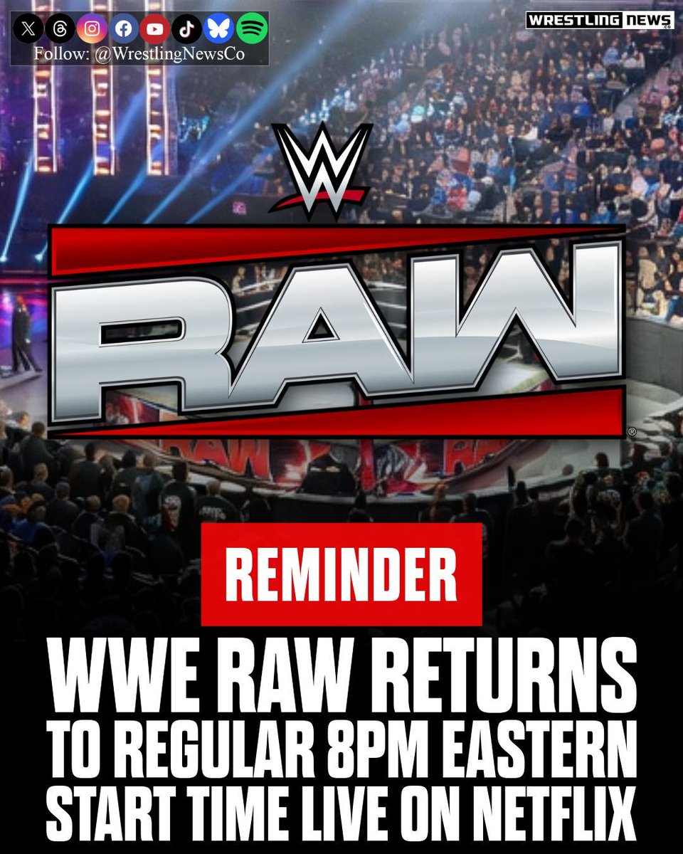 WrestlingNewsCo's tweet photo. WWE Raw returns to its regular timeslot tonight. After last week's special early start, Raw airs live at its usual 8 PM ET on Netflix from the Allstate Arena in Chicago.

Advertised for tonight:
Undisputed WWE Championship
Sami Zayn defends against Cody Rhodes

WWE World Tag Team Championship
The Street Profits defend against Bron Breakker and Austin Theory

WWE Women's Intercontinental Championship
Sol Ruca defends against Raquel Rodriguez

Seth Rollins opens the show to address Roman Reigns and their SummerSlam title match, and King of the Ring winner Oba Femi speaks after challenging Brock Lesnar to Hell in a Cell.

One note: WWE has not advertised CM Punk for tonight, and the Allstate Arena website does not list him, but the arena's social media accounts have Punk on the show poster. With Raw in his hometown of Chicago and Punk absent since April, it could mean something, or it could simply be an outdated graphic.

#WWERaw #WWE #SamiZayn #CodyRhodes #CMPunk