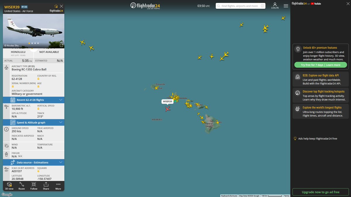 AIYeyENGDdJkjTr's tweet photo. July 6, 2026
#Joint Base Pearl Harbor-Hickam, Honolulu ==>
#WISER39 #AE01D7 RC-135S Cobra Ball https://t.co/1cr3ObsuQu