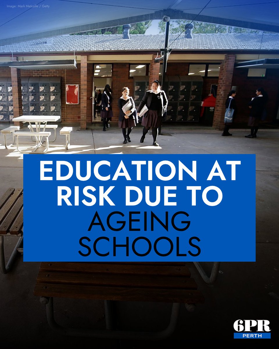 6PR's tweet photo. Fresh concerns have emerged about the quality of education in Western Australian schools, with the Principals’ Federation of WA highlighting deteriorating buildings, inadequate wiring and ageing toilets.

Hear more ➡️ https://t.co/CnXHxnGlR7 https://t.co/2Dpqc3xP9R