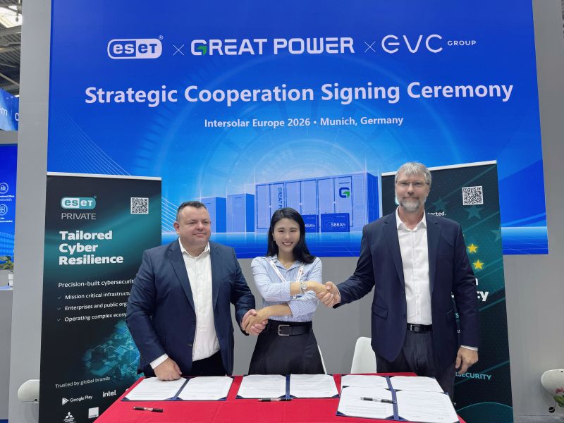 Greatpower2001's tweet photo. 🌏 Cybersecurity is becoming essential for connected BESS.

At Intersolar Europe 2026, Great Power joined EVC Group and ESET to support cybersecurity-ready energy storage deployment across Europe.

#GreatPower #EVCGroup #ESET #BESS https://t.co/OysfBBMmWP