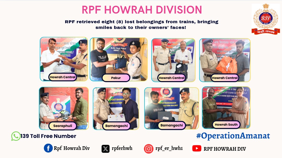 rpferhwh's tweet photo. #OperationAmanatRPF retrieved eight (8) lost belongings from trains, bringing smiles back to their owners' faces!
@RPF_INDIA 
@ErRpf 
@drmhowrah https://t.co/bP1R7rrn2e