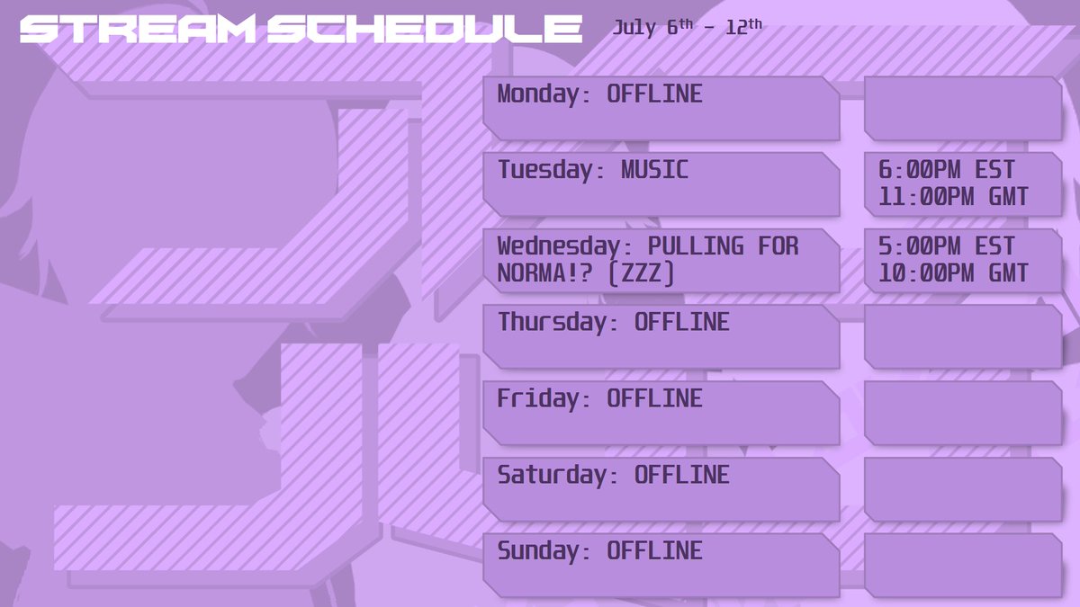 FrozzyJVJ's tweet photo. NEW STREAM SCHEDULE: two streams this week, going to be pulling for norma (lose pity to soldier 11) https://t.co/G8RExUOo02