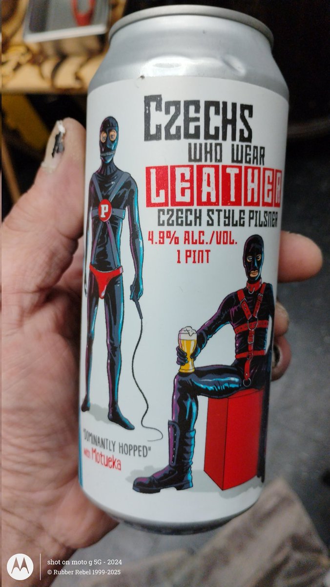 RubberRebel's tweet photo. So I found this at the liquor store and had to give it a try
They say checks that wear leather.  But it looks more like Rubber with leather accessories. https://t.co/q8KrR6rvt2