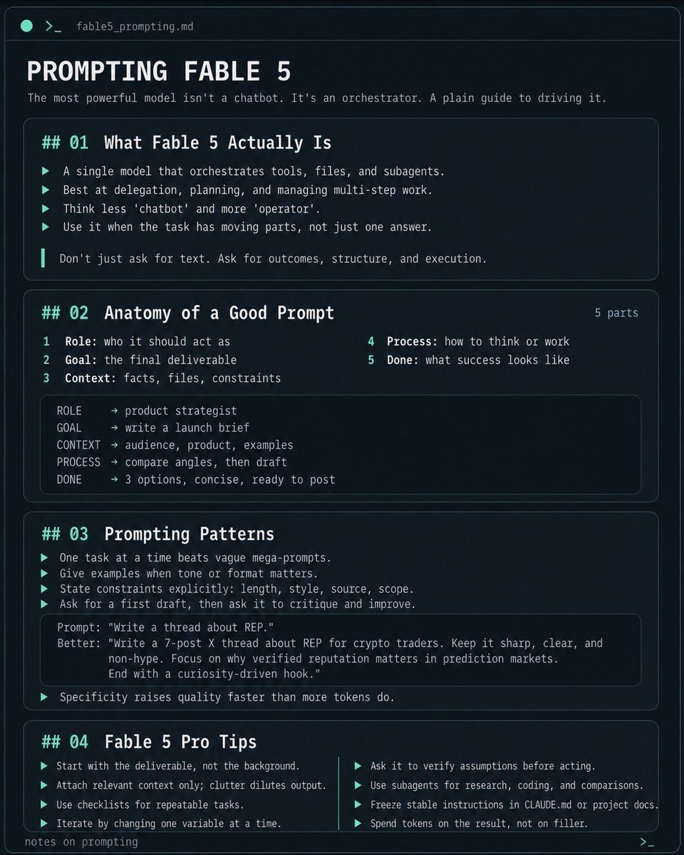 AIXPLAINED101's tweet photo. A leaked Fable 5 cheatsheet condenses Anthropic's workflow into one page: 4 effort levels, 50+ subagents, one orchestrator. The idea? Fable plans, cheaper agents execute, Fable verifies. Short prompts, clear goals, stop rules. 🚀 #AI #Claude #Anthropic #AIAgents #LLM https://t.co/vnxRzS4mge