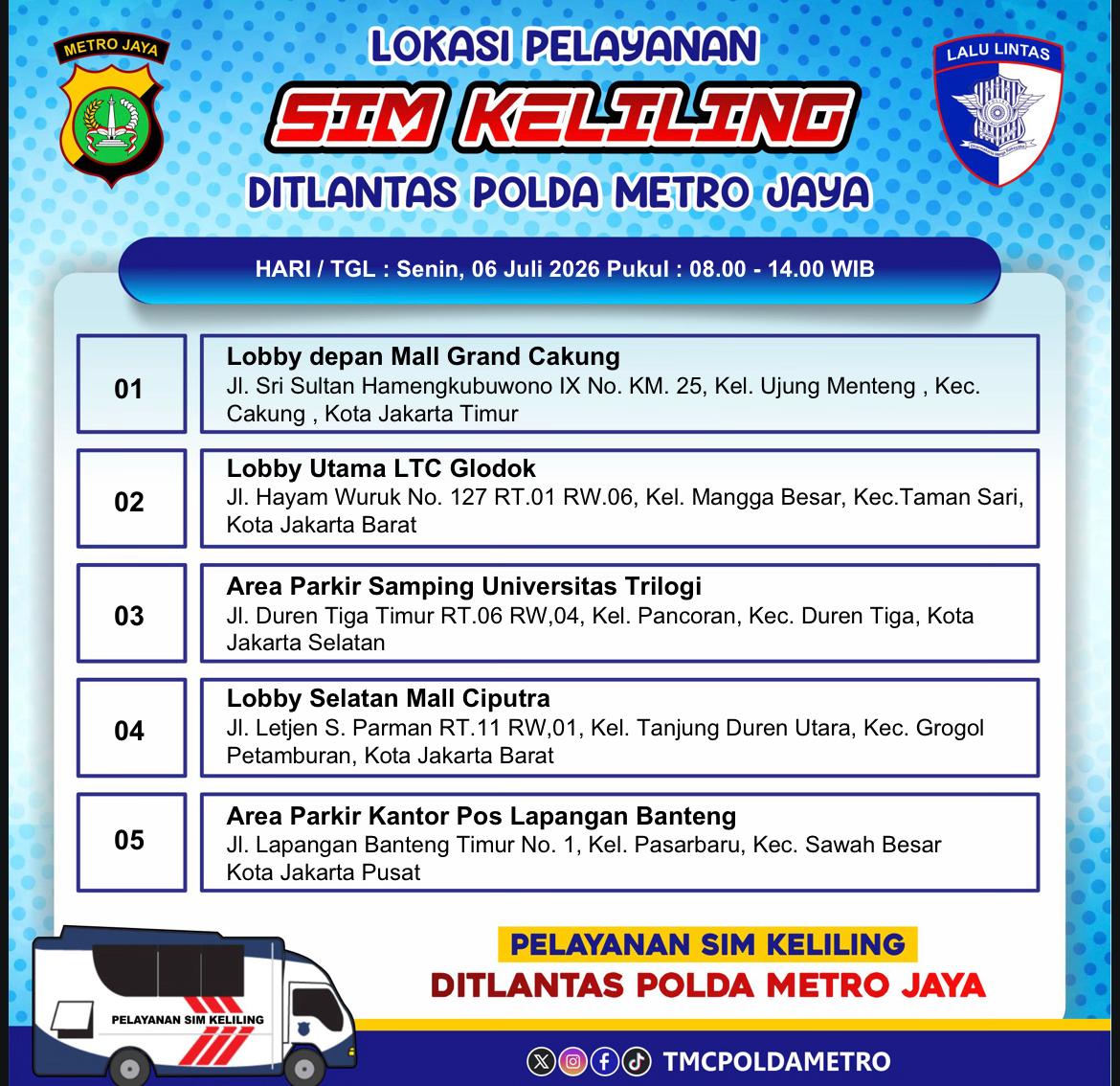 TMCPoldaMetro's tweet photo. Informasi Lokasi Pelayanan #SIMKeliling Dit Lantas Polda Metro Jaya Hari Senin, 06 Juli 2026. https://t.co/3n2BbYvGrc