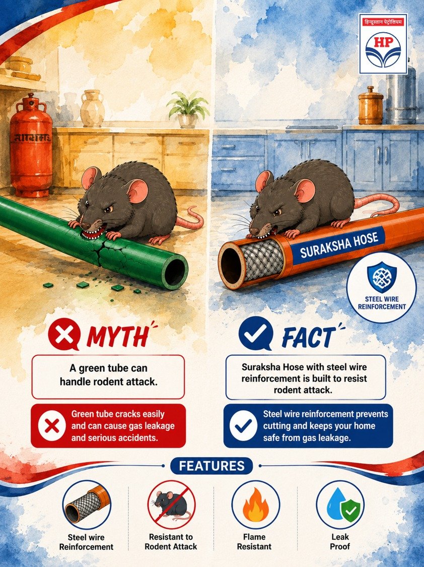 BlroHpcl's tweet photo. HP Recommended Suraksha Hose, with Steel Wire Reinforcement, is specially designed to resist rodent attacks and enhance household safety.

Don't compromise on your family's safety. Replace old rubber tubes with Suraksha Hose and cook with confidence. 🔥🏠  #LPGSafety #SafetyFirst  #HPGas @HPGAS_HQO @HPCL