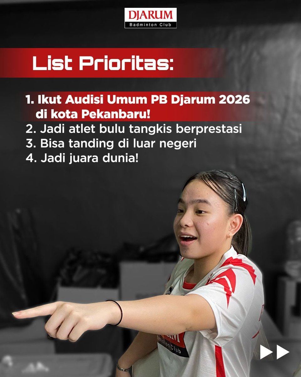 PBDjarum's tweet photo. UDAH SIAP BELUM???
Besok, rangkaian #AUPBD2026 di Pekanbaru akan dimulai! Jangan lupa besok registrasi ulang di GOR Angkasa, dan bawa berkas yang diminta yah, Sobat!

Buat kalian yang kelewatan pendaftaran online, kalian bisa langsung mendaftar di lokasi, yah! 👍 

Persiapkan dirimu, selamat berjuang dan siap #DekatkanMimpimu! 💪🔥

#TeruskanSemangatJuara