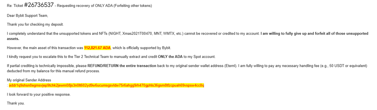 KTOP_Pool's tweet photo. 🚨 A warning for the Cardano community using Bybit.

After the recent SecondFi incident, a community member transferred approximately 112K ADA along with several Cardano native tokens to their correct Bybit ADA deposit address.

The deposit was never credited. Bybit has repeatedly responded that because native tokens were included in the transaction, the deposit cannot be credited or recovered due to technical limitations.

The ADA is still sitting at the Bybit deposit address on-chain:
https://t.co/iFDEgk2qPm
Frankly, it's difficult to understand how the ADA itself cannot be recovered simply because native tokens were included in the same transaction.
But even if Bybit's explanation is technically correct, there should have been a clear warning before the deposit was made something like:
"Do not send ADA together with Cardano native tokens. Doing so may prevent your deposit from being credited and could make recovery impossible."

Without such a warning, leaving a user's assets effectively inaccessible is unacceptable.
⚠️ If you deposit ADA to Bybit, do NOT send Cardano native tokens in the same transaction.

Please repost to help warn other users and encourage Bybit to review this case.

@Bybit_Official @astroboysoup @IOHK_Charles @emurgo_io @Cardano_CF @phillip_pon @carloslodelar  @NaVi_GaT0R @cexplorer_io @IOGroup @InputEndorsers @Sssebi @MinswapIntern @adamKDean @ch1bo_ @BBHMM_Stake