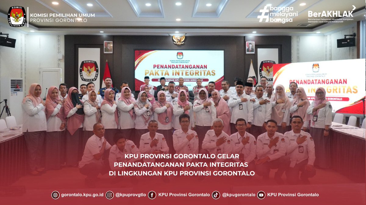 kpuprovgtlo's tweet photo. #TemanPemilih, KPU Provinsi Gorontalo menggelar Penandatanganan Pakta Integritas di lingkungan KPU Provinsi Gorontalo. Kegiatan tersebut berlangsung di Aula KPU Provinsi Gorontalo pada Senin (06/07/2026). https://t.co/Oj77YxssLN