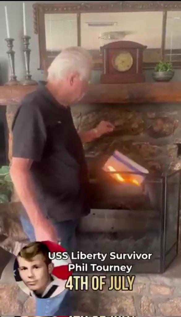 KevinKeanu111's tweet photo. Phil Turney, a survivor of the USS Liberty incident, burned an Israeli flag to commemorate the deaths of 34 American sailors on June 8, 1967, in an Israeli attack on the USS Liberty. The ship was clearly marked and sailing in international waters during the Six-Day War. https://t.co/0Ifvem2Asm
