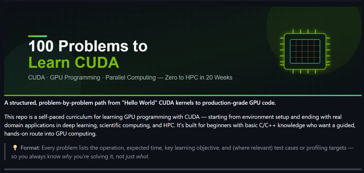 Ajith532542840's tweet photo. 🚀 Here's the roadmap I followed to learn GPU programming and CUDA —  
100 hands‑on problems across 10 levels, from "Hello World" kernels to production‑grade GPU code.  

🔗 https://t.co/EqxqSBdfti https://t.co/CIDOSmXcgu