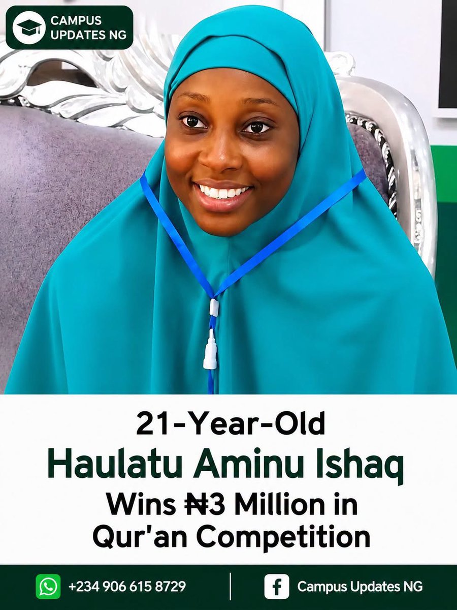 Miss_Halimatu's tweet photo. Masha Allah! She Wins ₦3 Million in the Holy Qur'an Recitation Competition. 🤲📖

Haulatu Aminu Ishaq, a 21-year-old from Zamfara State, has emerged as the winner of the women's category in the Holy Qur'an Recitation Competition.

In addition to winning the ₦3 million grand prize, she will represent Nigeria at the international Qur'an recitation competition—a remarkable achievement that reflects her dedication, discipline, and commitment to memorizing the Holy Qur'an.

May Allah increase her in beneficial knowledge, continue to make the Qur'an a light in her life, and grant her success in every stage ahead. Ameen. 🤲