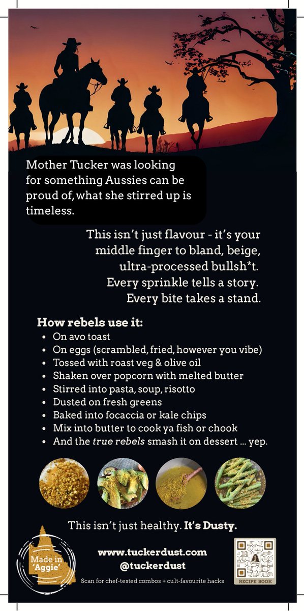 TuckerDustAus's tweet photo. What are we rebelling against?
Ultra-processed flavour &amp; the big guys who want to mess with our farmers and Aussie business.
Aussie As policy - if there's an Aussie in the game, they get the gig. I only buy from Australian farmers and business. 
Celebrate Australia with us. https://t.co/kl4ckAMtLD