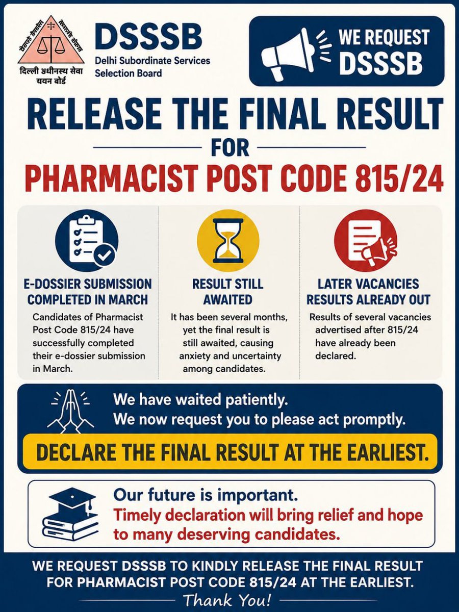 viveksharma6jun's tweet photo. Please declare main result of Pharmacist dispenser post code 815/24. @dsssbofficial @LtGovDelhi @gupta_rekha @KapilMishra_IND https://t.co/UiuZnhGyCW