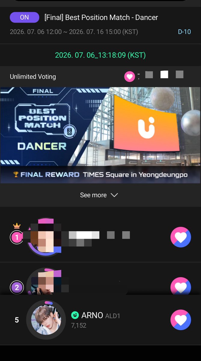 enigmahao's tweet photo. UPICK Best Position Match “DANCER”
ARNO is currently at #5
Jiayidans please note to drop your jams during TIME ATTACK event period today at 17:00-17:30 KST‼️‼️
#ARNO #아르노 https://t.co/a85R0UZDEd