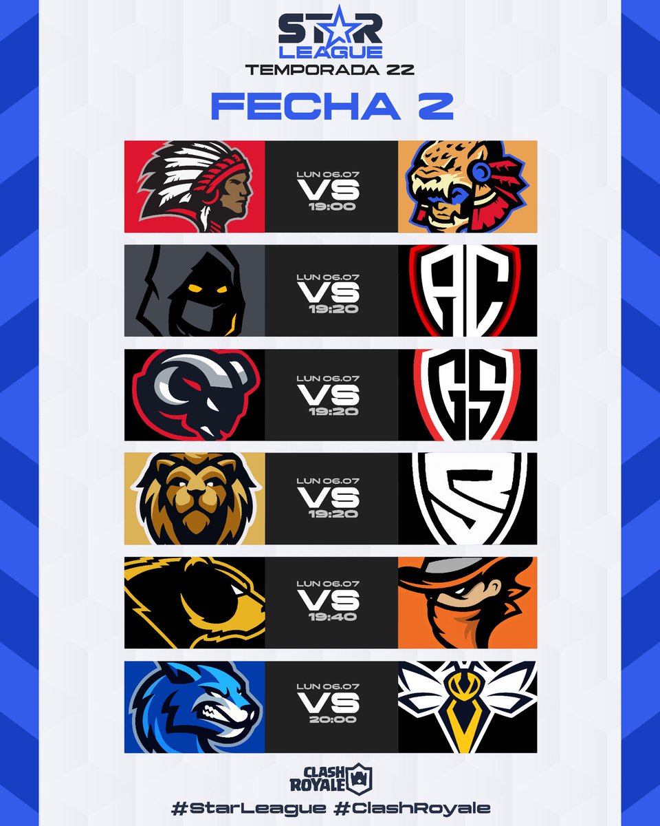 StarLeague_mx's tweet photo. #SL | Temporada 22

Fecha 2 / Lunes 06.07

Estos son los encuentros más relevantes de la fecha.

#WSQ 🆚 #AZE

#BRS 🆚 #BAN

#StarLeague #ClashRoyale https://t.co/2bZlysXL4n