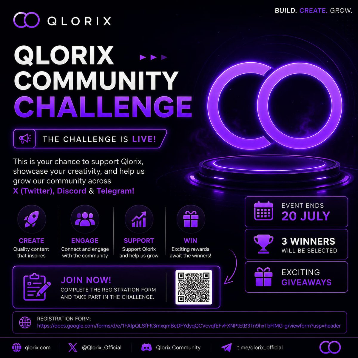 Qlorix1's tweet photo. 🚨 The Qlorix Community Challenge is officially LIVE!

This is your chance to showcase your creativity, support the Qlorix ecosystem, and compete for exciting rewards.

🏆 3 Winners
📅 Ends: July 20

Whether you're a content creator, Web3 enthusiast, or an active community member, we want to see your best work.

Complete the registration form and join the challenge today:

🔗 https://t.co/rzaqkaYnb0

Every post, every share, and every contribution helps grow the Qlorix community.

Are you ready to take on the challenge?

#Qlorix #Web3 #Blockchain #Crypto #CryptoCommunity #CommunityChallenge #Giveaway #BuildTogether