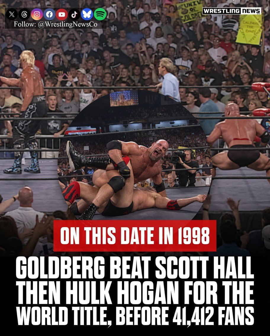 WrestlingNewsCo's tweet photo. July 6, 1998

On this date in 1998, Goldberg defeated “Hollywood” Hulk Hogan on WCW Monday Nitro at the Georgia Dome in Atlanta to win the WCW World Heavyweight Championship. 

Hogan required the undefeated Goldberg to first beat Scott Hall earlier in the night, and Goldberg won both matches, finishing the champion with the spear and the Jackhammer in front of his hometown crowd.

The show drew 41,412 fans, the largest crowd in WCW history, with around 30,000 tickets sold before the main event was even announced. The title change aired on free television rather than pay-per-view, a decision made to win the Monday night ratings battle, and it remains one of the most famous moments of the Monday Night Wars.

#Goldberg #HulkHogan #WCW #WrestlingHistory #OnThisDay
