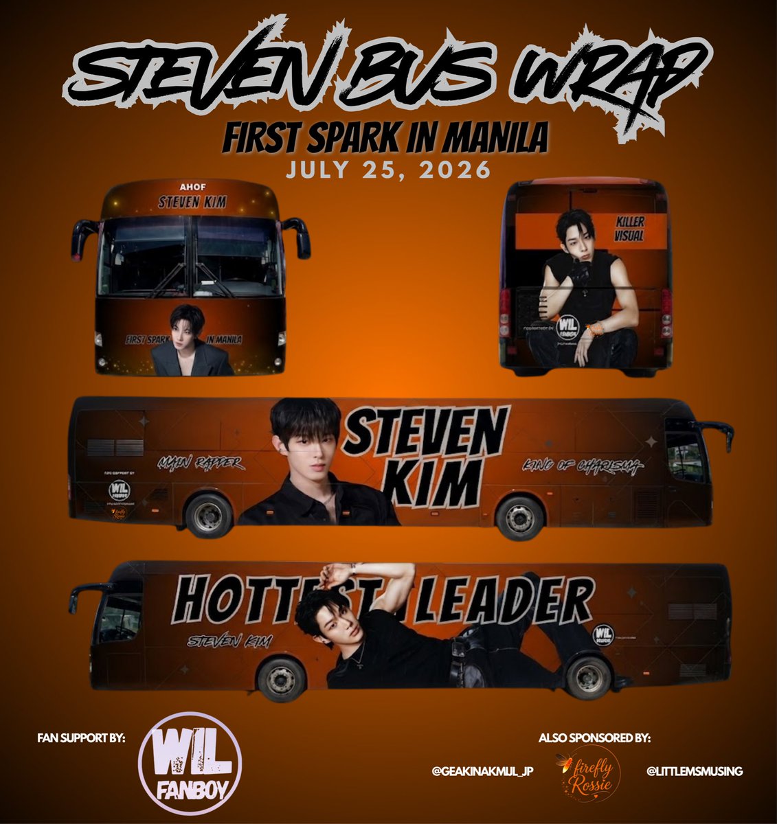 wilfanboy's tweet photo. Hello! 

I'm so excited to finally share something I've been working on over the past few weeks.

🚍 STEVEN BUS WRAP PROJECT 🚍

Watch out for this STEVEN Bus Wrap as it hits the roads around the MOA Arena on July 26, 2026 for AHOF First Spark in Manila!

The bus will  be parked near the venue so everyone will have the chance to stop by and take photos.

A huge thank you to @fireflyRossie, @geakinamijl_jp, and @littlemsmusing for also sponsoring a portion of the cost. 

Special thanks as well to everyone who purchased some of my photocards to help fund this project, and to @choihayoon85 for helping me with selling. 

Shoutout to @cykstejay for bringing the design vision to life. 💙

Thank you also to @STEVENsz04 for allowing me to use one of her photos for this project.

Please stay tuned for more details about this project which I will share before the concert. 

Thank you all for supporting and loving STEVEN. 💙

#STEVEN #스티븐 #STVN #AHOF @AHOF_official