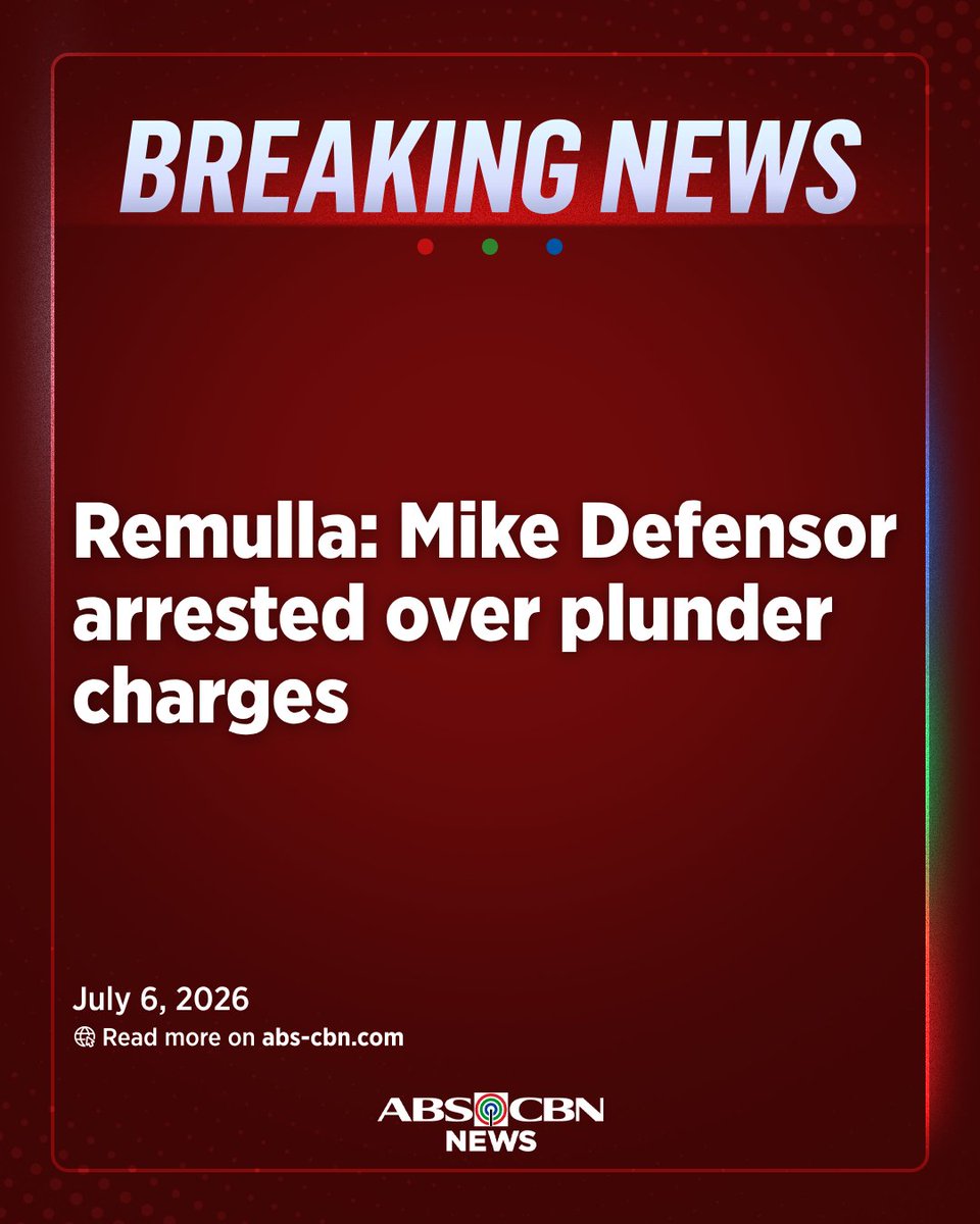 ABSCBNNews's tweet photo. BREAKING: Former congressman Mike Defensor has been arrested over plunder charges related to a campaign donation to Senator Rodante Marcoleta, DILG Secretary Jonvic Remulla said. https://t.co/NIWsabyBTE