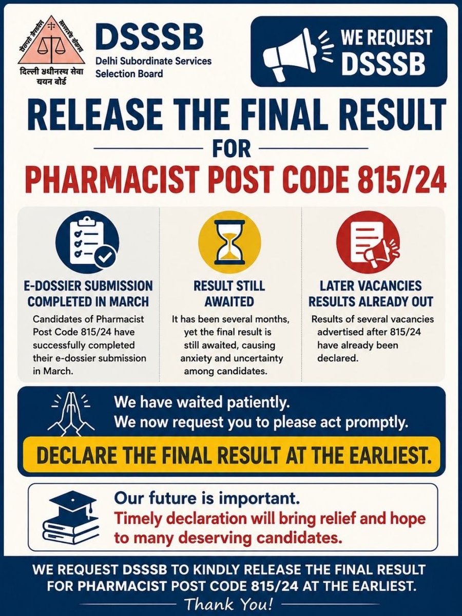 Priyank19772708's tweet photo. Please declare main result of Pharmacist dispenser post code 815/24. @dsssbofficial @LtGovDelhi @gupta_rekha @KapilMishra_IND https://t.co/U7By9l5txA