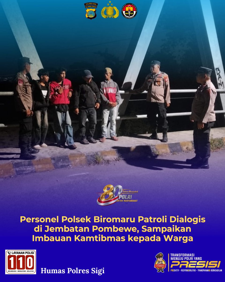 HumasSigi's tweet photo. Personel Polsek Biromaru melaksanakan patroli dialogis di kawasan Jembatan Pombewe personel menyapa dan berdialog langsung dengan warga sekaligus menyampaikan imbauan kamtibmas agar selalu meningkatkan kewaspadaan. https://t.co/nIA8yqVCB0