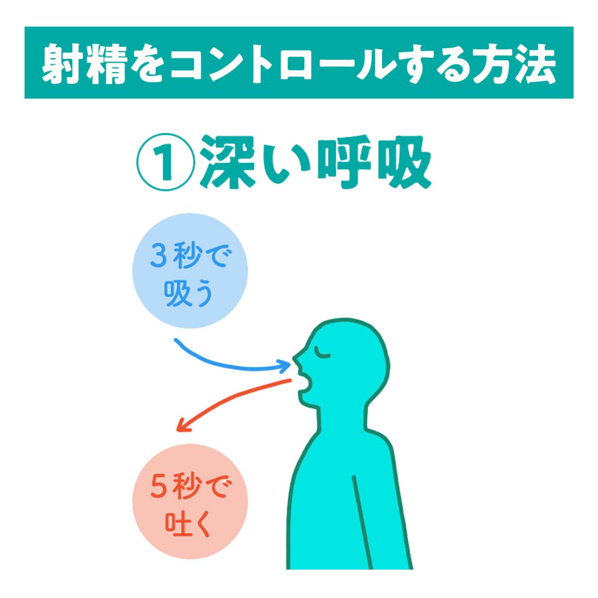 TengaHealthcare's tweet photo. 💡正しい射精コントロールのやり方①💡

「深い呼吸」をすることで、副交感神経を優位にし、体をリラックスさせることで、射精感を遠ざけることができるんです。

具体的には、「気持ち良さが増してきたな…」くらいの段階で、鼻から3秒かけて大きく吸い、口から大きく5秒かけて吐くと効果的です🙌 https://t.co/bgCVUOrhGH