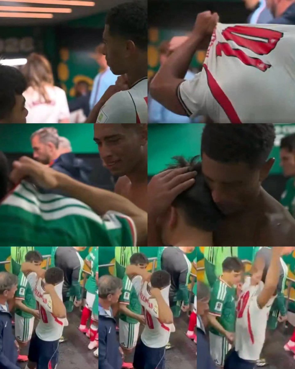 En_jupiter_'s tweet photo. Jude Bellingham consoló a Gilberto Mora quien estaba llorando, además el futbolista inglés le dio su jersey y le pidió a la joya el de él para intercambiar.

UN GESTO DICE MÁS QUE MIL PALABRAS. 👏 https://t.co/VajiKQzb7B