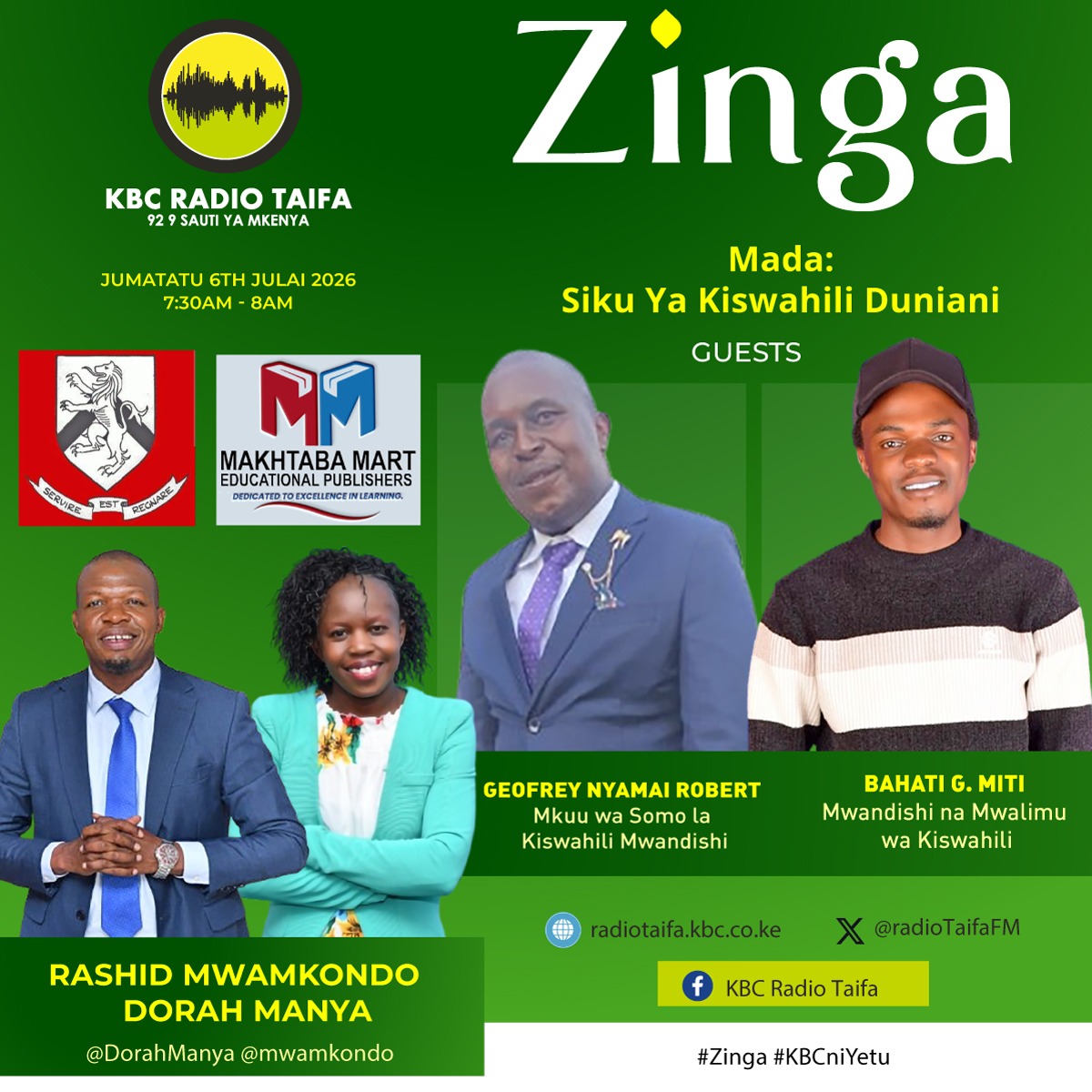 RadioTaifaFM's tweet photo. Hii Leo tunazungumzia kuhusu Siku ya Kiswahili duniani ambayo itaadhimishwa hapo kesho duniani. 

#KBCRadioTaifa https://t.co/pct6yX4JGf