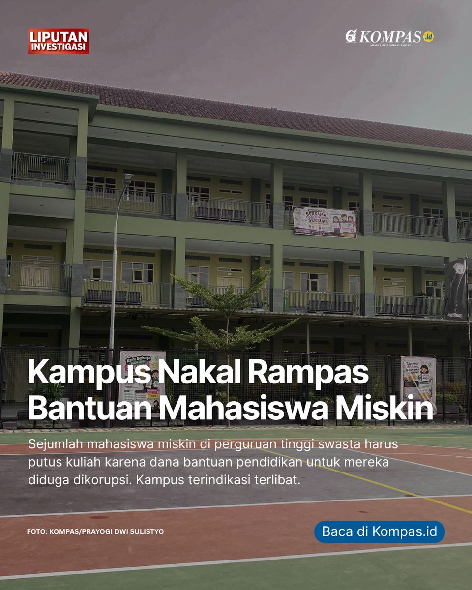 hariankompas's tweet photo. #UtasKompas
Dana bantuan untuk program Kartu Indonesia Pintar Kuliah atau KIP Kuliah diduga kuat disalahgunakan sejumlah kampus. Mereka berdalih, dana itu dipakai untuk menutup biaya operasional pendidikan. Namun, kenyataannya, sejumlah mahasiswa justru putus kuliah karena tidak lagi menerima bantuan.
Simak liputan #InvestigasiKompas tentang #KIPKuliah dalam utas ini.
➡️ https://t.co/qyNiu69BiP
#Kompas61