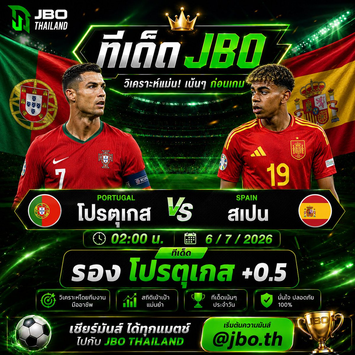 Emeraldkhook's tweet photo. 🇵🇹 โปรตุเกส 🆚 🇪🇸 สเปน  ⏰ 02:00 น.
⚽ เกมแห่งศักดิ์ศรี 2 ชาติยักษ์ใหญ่ยุโรป
🎯 ทีเด็ด JBO : โปรตุเกส +0.5
💬 คิดว่าสกอร์จะจบเท่าไหร่?

#Portugal #Spain #FIFAWorldCup2026 #บอลโลก2026 #ทีเด็ดบอล #วิเคราะห์บอล #ฟุตบอลคืนนี้
#JBOThailand #GoodGameLiveBetter #YouWinIWin #ไฟไหม้ https://t.co/dIp2PdGqdI