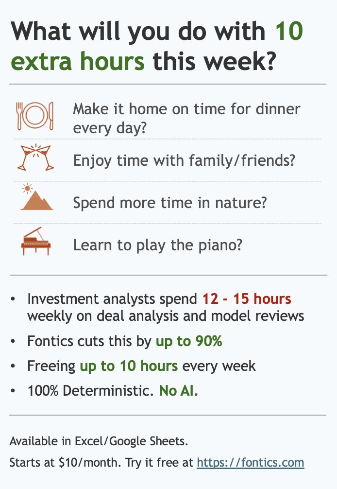 getfontics's tweet photo. What will you do with 10 extra hours this week?

- Investment analysts spend 12 - 15 hours every week on deal analysis and model reviews
- Fontics cuts this by up to 90%
- and saves up to 10 hours every week
- Fontics is 100% Deterministic. No AI. 
 
Available in Excel and Google Sheets.