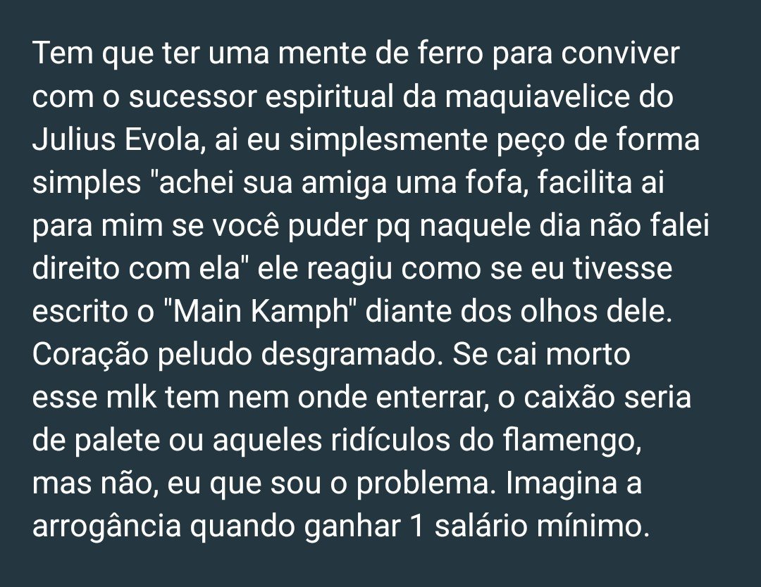 DunkelMort's tweet photo. Mlk um dos meus amigos TÁ MUITO PUTO com um amigo nosso e ele fez QUATRO STATUS no zapzap pra xingar o cara eu tô rindo demais disso cara pqp bom pra caralho vai tomar no cuuuu KKKKKKKKKK. https://t.co/q8duhbJpHC