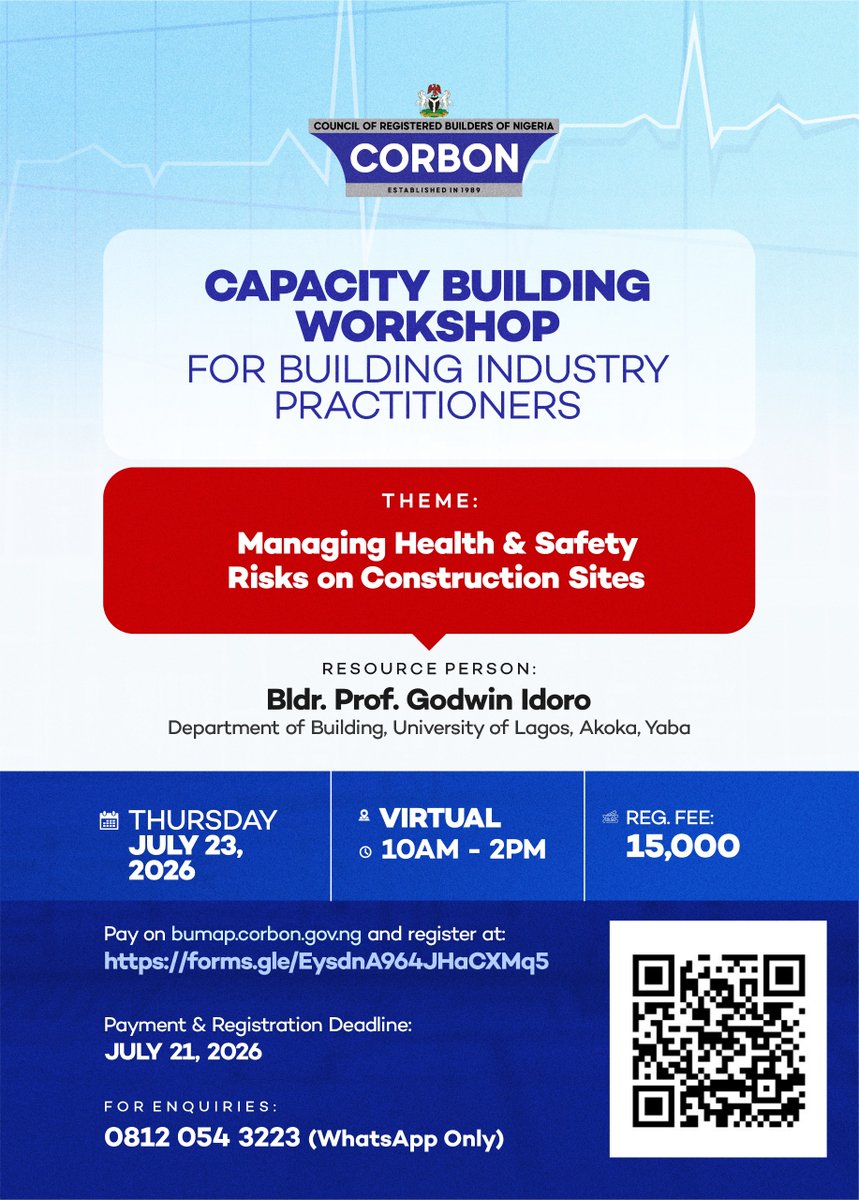 CorbonNG's tweet photo. CORBON CAPACITY BUILDING WORKSHOP on MANAGING HEALTH &amp; SAFETY RISKS ON CONSTRUCTION SITES.

CORBON requests those interested in attending the online workshop to make payment on https://t.co/4Heb6jymHx (Please note that login is not required) and select MCPDP fee. https://t.co/mc51GfgcrV
